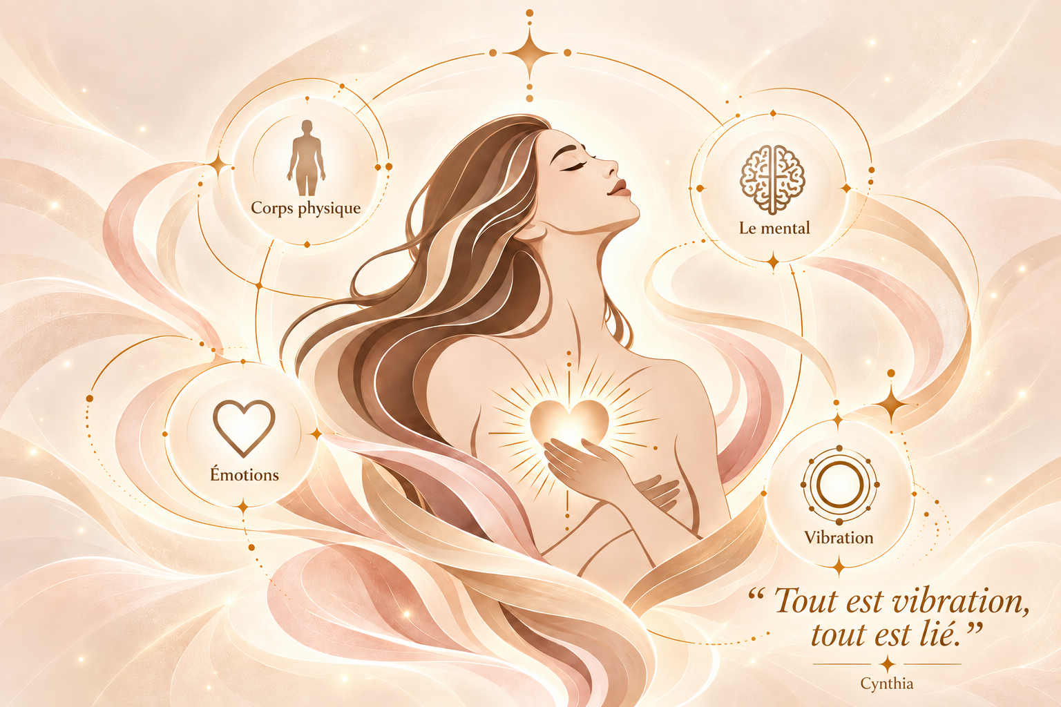 Illustration féminine reliant le corps physique, le mental, les émotions et la vibration.